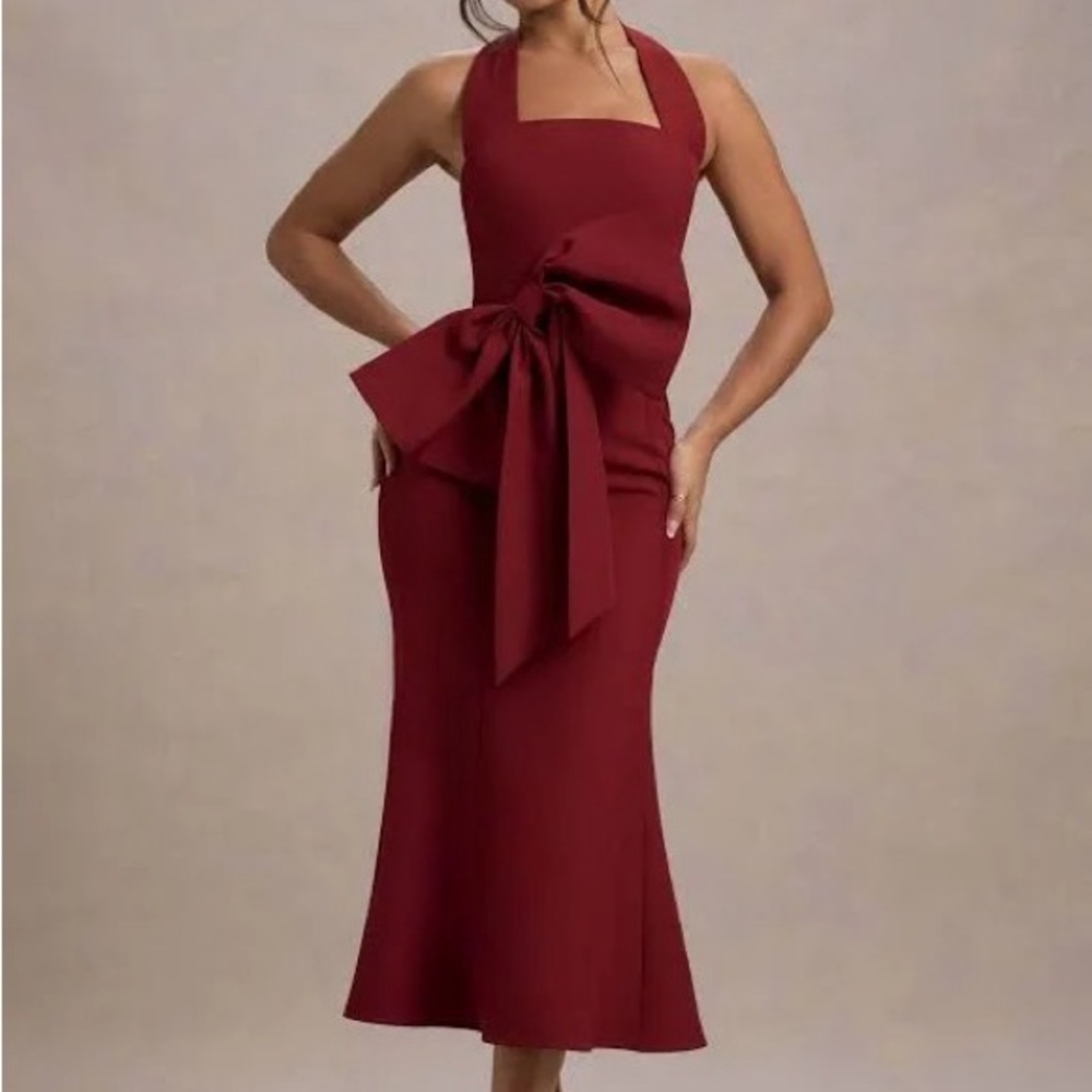 AMAN BERRY HALTER-NECK MIDI DRESS WITH OVERSIZED BOW